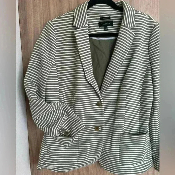 Talbots Aberdeen Knit STRIPE PIQUE Blazer green white size 16 like new - Picture 5 of 10